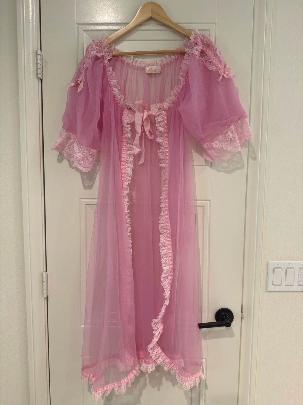 Cachet Sheer Pink Lace-Trim Peignoir with Ribbon Closure